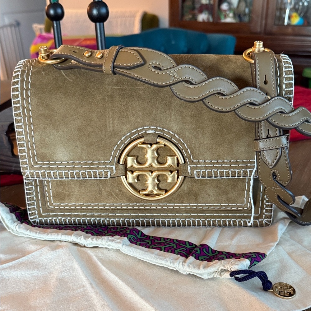 Tory Burch Olive Green Suede Crossbody with Gold Logo